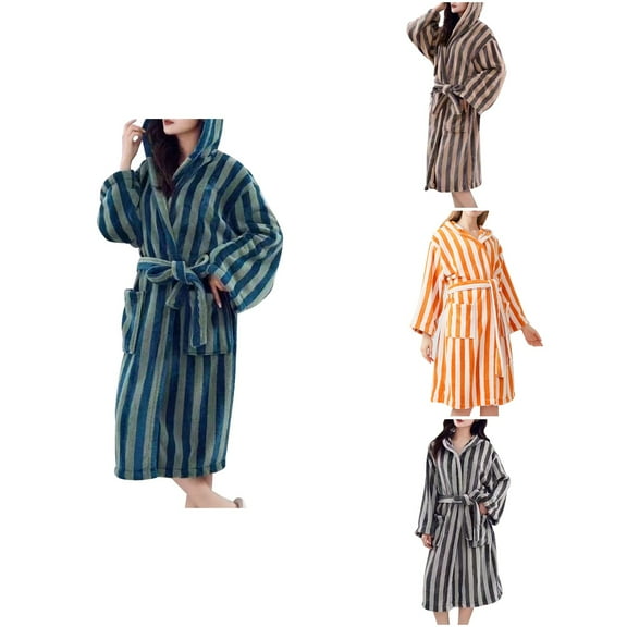 Antinious Women Striped Hooded Long Sleeve Robe for Women Thickened Sleepwear Robe,Robes for Women,Women Pajamas Bathrobes,Brown,Free Size