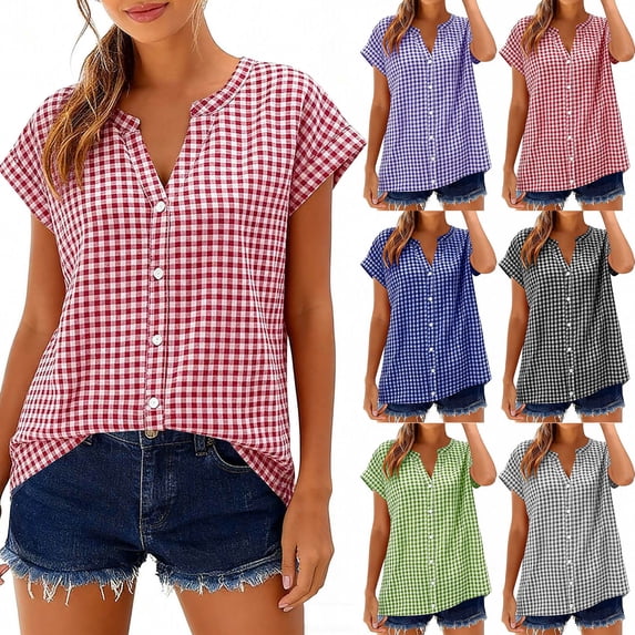 Antinious Women Summer Check V-Neck Short Sleeve Button Loose Trendy Tops