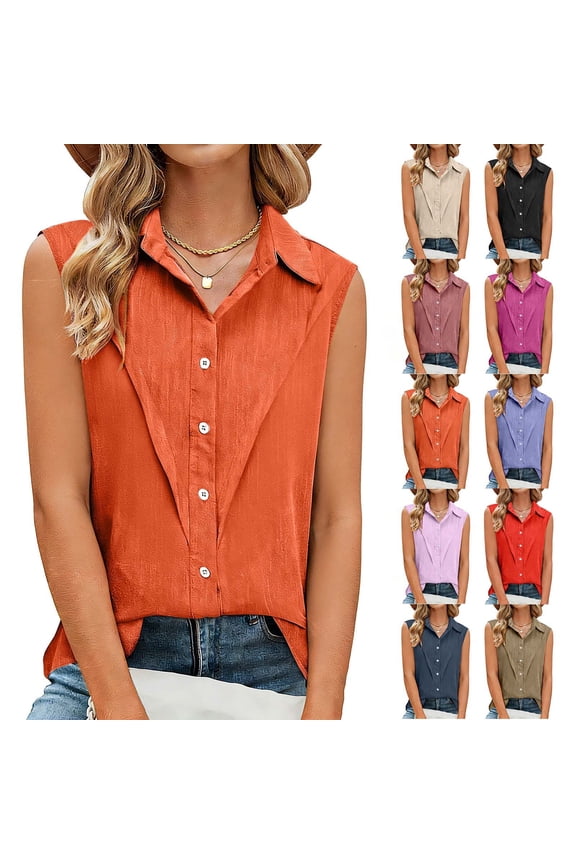 Women Summer Collared Sleeveless Button Breathable Trendy Tank Tops
