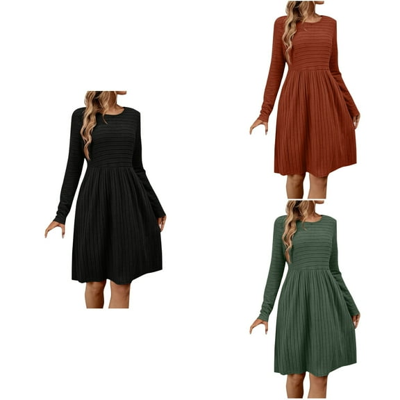 Antinious Women Sweater Dress Long Sleeve Solid Ribbed Brushed Casual Crew Neck Pullover Knit Fall Winter Frock Dress,Birthday Dresses for Women,Women Party Dress,Orange,L