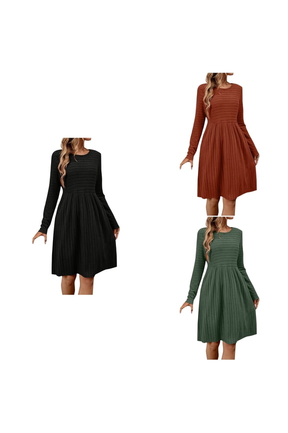 Women Sweater Dress Long Sleeve Solid Ribbed Brushed Casual Crew Neck Pullover Knit Fall Winter Frock Dress,Birthday Dresses for Women,Women Party Dress,Orange,L