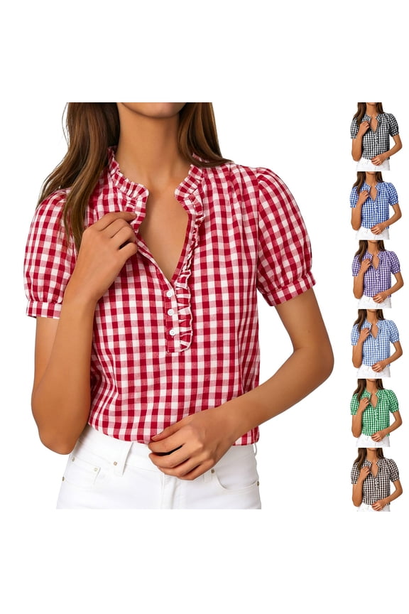 Women V-Neck Short Sleeve Check Ruffle Button Business Tops