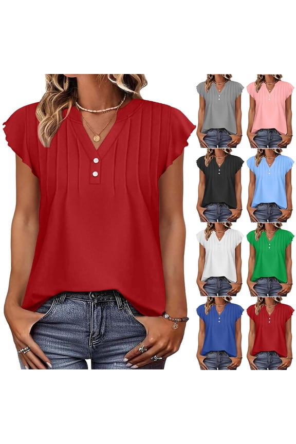Women V-Neck Sleeveless Solid Button Ruched Lace Sleeve Casual Tank Tops
