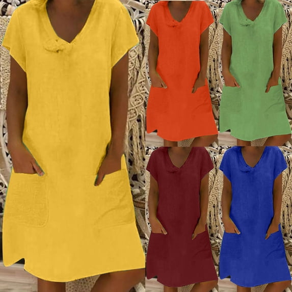 Antinious Women V-Neck Solid Soft Casual Pocket Short Sleeve Versatile Stylish Dress