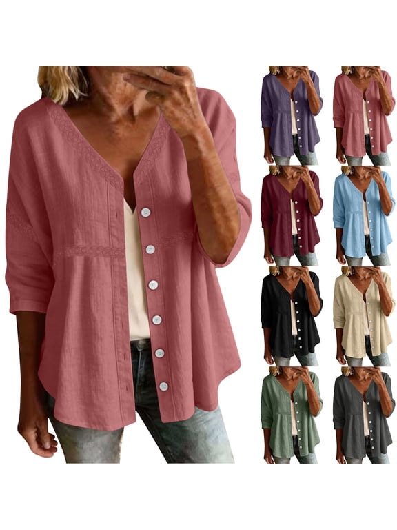 Women Casual Button Jacket Embroidery 3/4 Sleeve Hoodless Solid Comfy