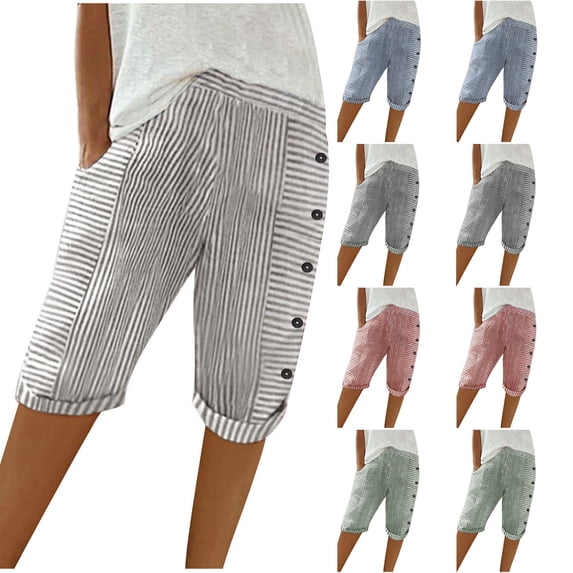 Antinious Women Woven Stripe Button Loose Casual Half Shorts Pants