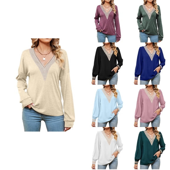 Antinious Womens Blouses Dressy Casual Solid Long Sleeve V Neck Pullover Going Out Tops,Sweatshirt for Women,Tops for Women Trendy,Blue,M