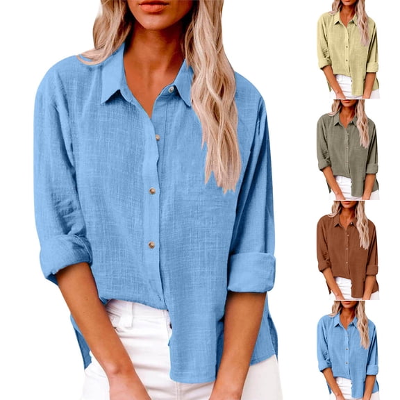 Antinious Womens Button Down Long Sleeve Dress Shirts Solid Business Casual Tops,Fall Winter Going Out Tops for Women,Sweatshirt for Women,Blue,XXL