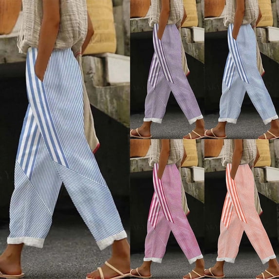 Antinious Womens Casual Solid Striped Elastic Waist Silm Wide Leg Pants with Pockets,Winter Trousers Pants for Women,Women Sweatpants,M,