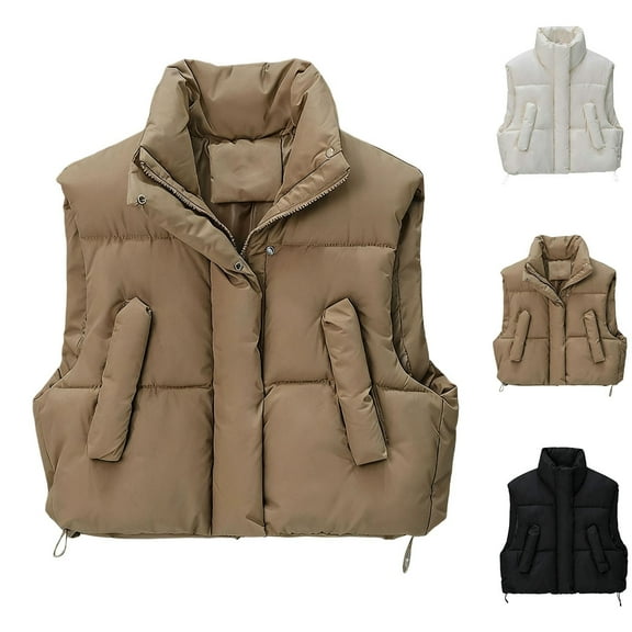 Antinious Womens Casual Solid Zip Up Puffer Stand Collar Sleeveless Solid Padded Puffer Jacket,Trench Coat Women,Jackets for Women Trendy,Khaki,L