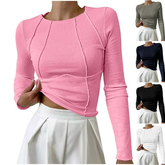 Antinious Womens Crop Tops Solid Long Sleeve Casual Crewneck Pullover Slim Basic Shirts,Winter Sweatshirt for Women,Going Out Tops for Women,White,M