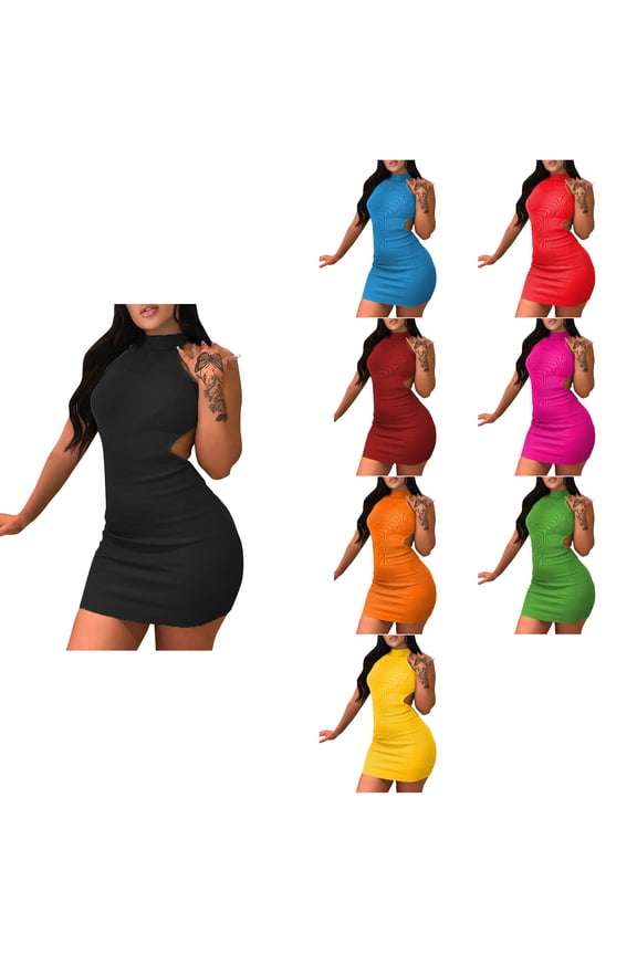 Mini Dresses for Women High Neck Hollow Wrapped Chest Open Back Mid Waist Wrapped Hip Dress,Green,M
