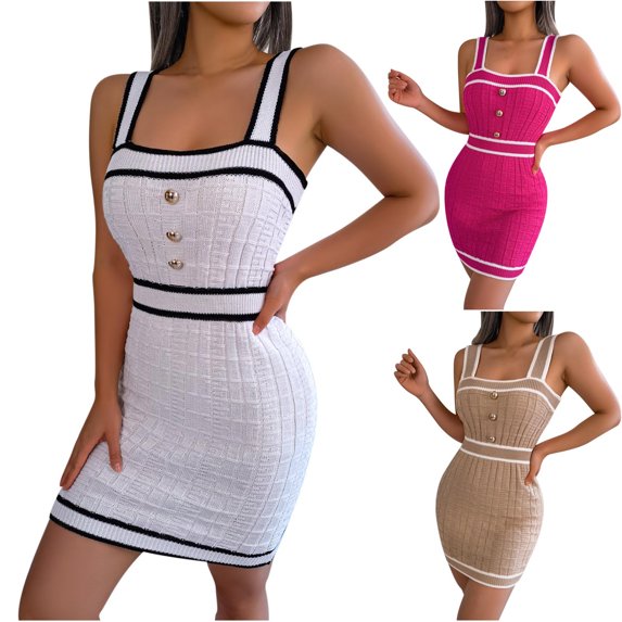 Antinious Women Sleeveless V-Neck Button Slim Knit Bodycon Dress