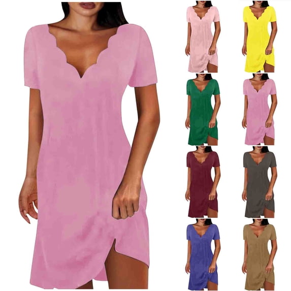 Antinious Womens Dresses for Party,Ladies Casual Beach Dress,Holiday Dresses for Women Solid Short Short Sleeve-Neck Mid-Calf Dress,Green,L