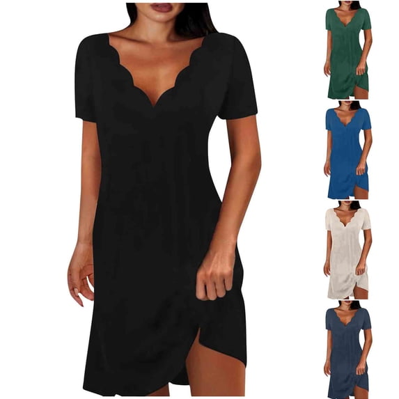 Antinious Womens Dresses for Party,Ladies Casual Beach Dress,Holiday Dresses for Women Solid Short Short Sleeve-Neck Mid-Calf Dress,White,M