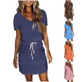 thumbnail image 1 of Antinious Women Short Sleeve V-Neck Solid Pocket Drawstring Mid-Calf Dress, 1 of 5