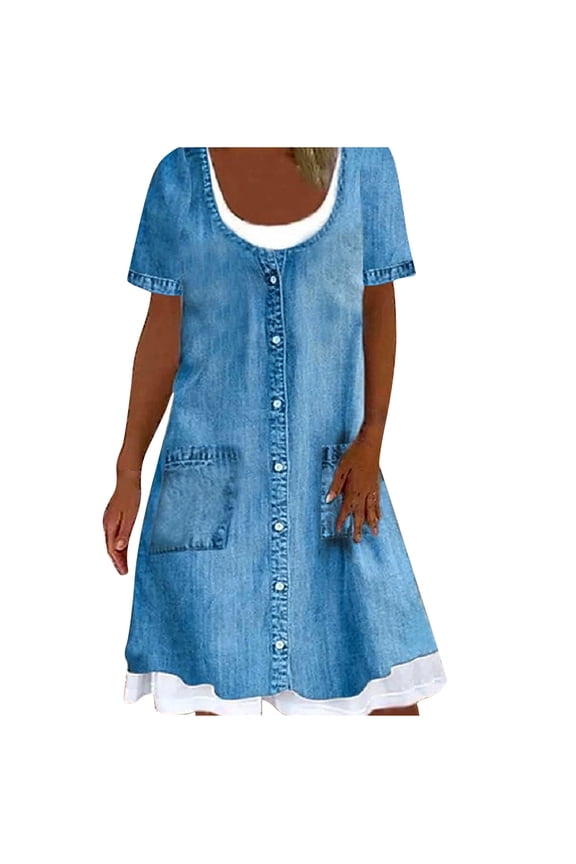 Womens Dresses for Party,Ladies Casual Beach Dress,Jean Dress for Women Solid Short Sleeve Round Neck Loose Denim Dress,Blue,L