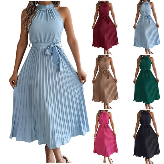 Antinious Women Elegant Round Neck Sleeveless Elastic Waist Pleated Soft Comfortable Dress