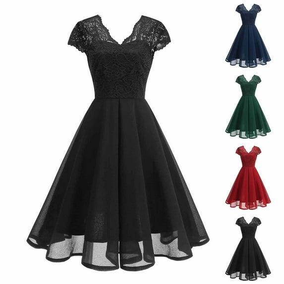 Antinious Womens Dresses for Party,Ladies Casual Beach Dress,Ladies' Vintage Fitted Waist Short Sleeved V-Neck Dress Formal Dress,Black,XXL