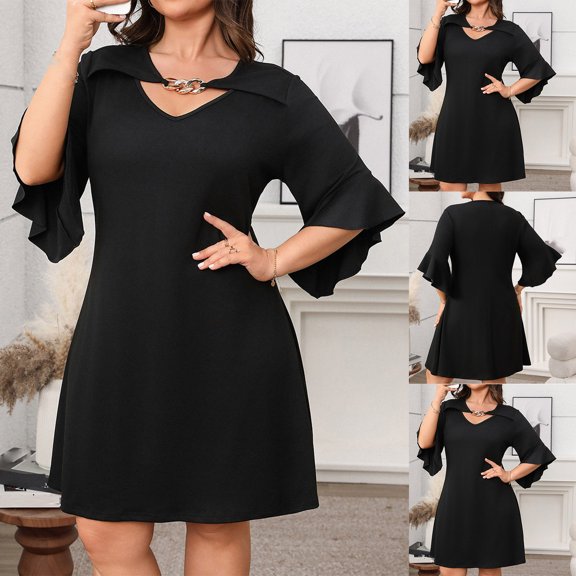 Antinious Womens Dresses for Party,Ladies Casual Beach Dress,Plus Size Black Dresses for Curvy Women Solid with Flared Sleeves V-Neck Dress,Black,XL