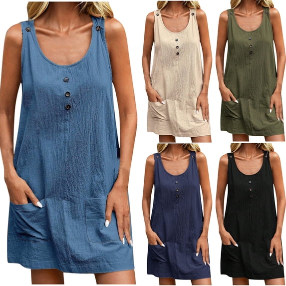 Antinious Women Sleeveless Round Neck Solid Pocket Button Casual Dress