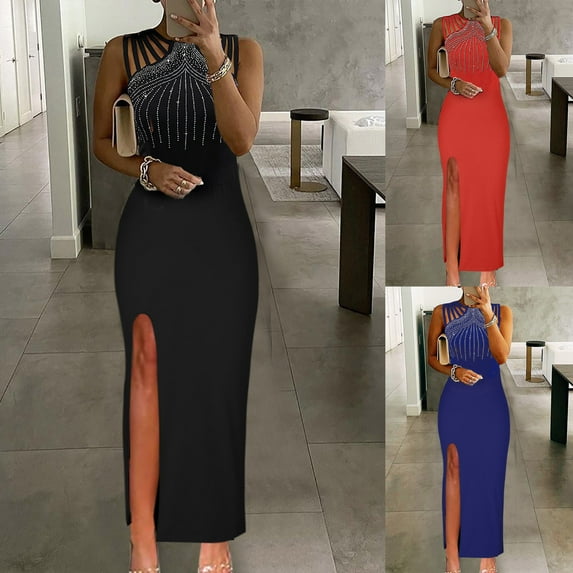 Antinious Womens Dresses for Party,Ladies Casual Beach Dress,Womens Fashion Holiday Summer Sleevess Solid Long Maxi Dress,Black,L