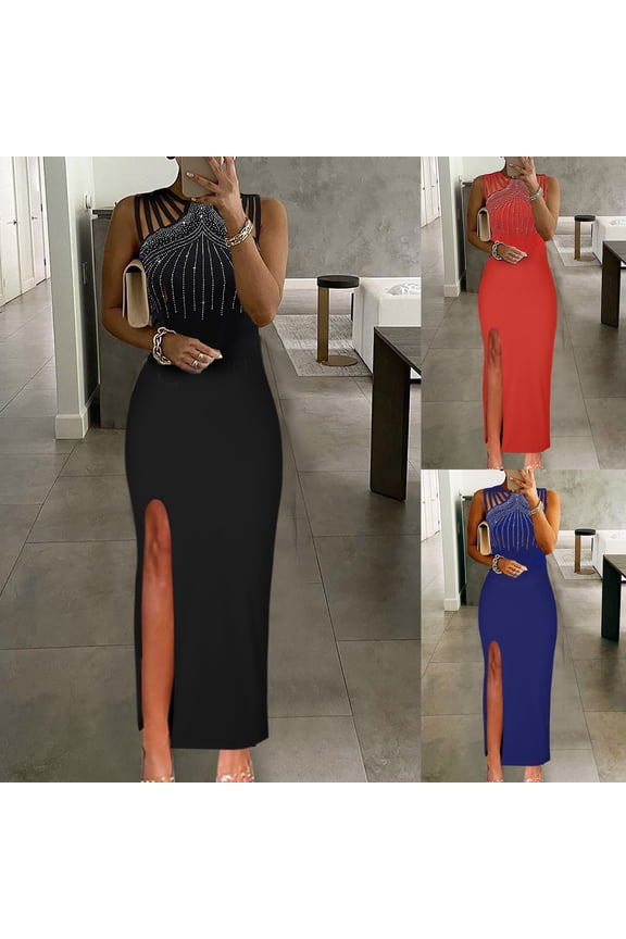 Womens Dresses for Party,Ladies Casual Beach Dress,Womens Fashion Holiday Summer Sleevess Solid Long Maxi Dress,Red,M