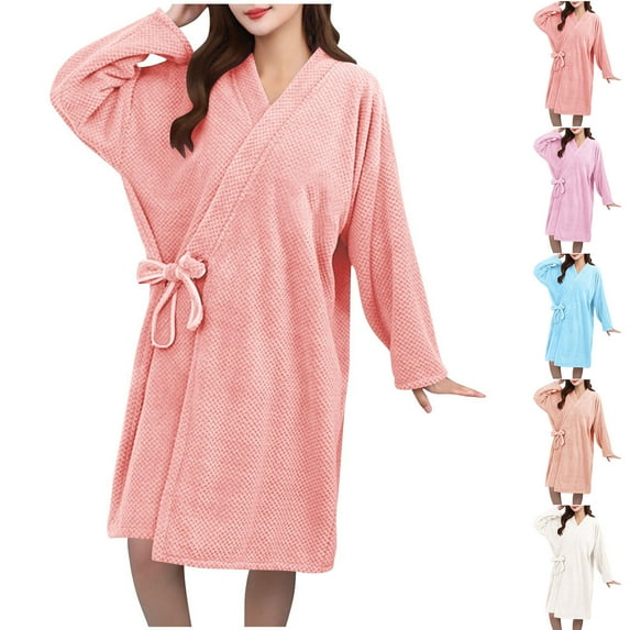 Antinious Womens Fashion Lightweight Fleece Solid Absorbent Long Sleeve Waist Knit Bathrobe Sleepwear,Robes for Women,Women Pajamas Bathrobes,Beige,L