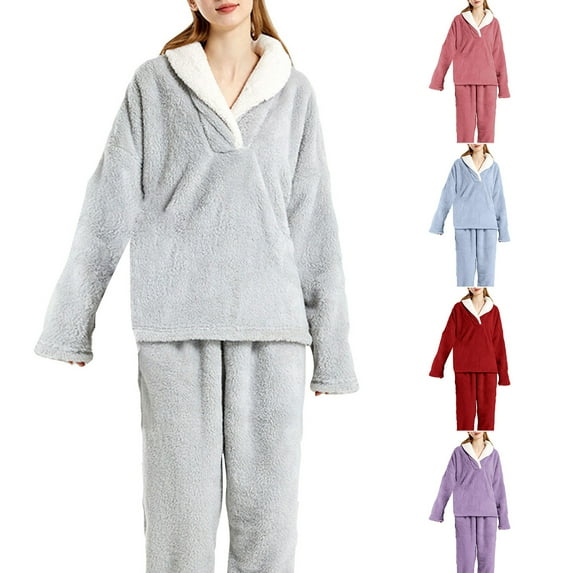 Antinious Womens Fleece Collared Thickened Loose Long Sleeve Long Pants Sleepwear 2 Piece Set,Fall Winter Savings!Pajamas for Women Set,Women's Sleepwear Outfits,Pink,XL