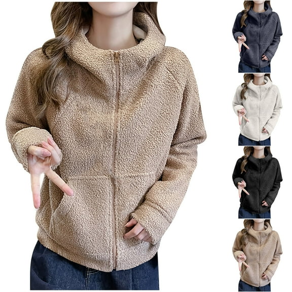 Antinious Womens Hooded Zipper Jacket Fleece Lined Winter Coat with Pockets,Jackets for Women Trendy,Casual Winter Coats for Women,Khaki,M