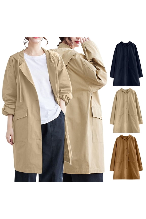 Womens Hooded Zipper Jacket Trench Coat Women Plus Size Mid Length Cargo Coat with Pockets,Jackets for Women Trendy,Casual Winter Coats for Women,Khaki,XXL