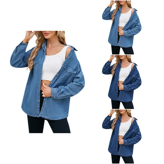 Antinious Womens Jean Jacket Solid Long Sleeve Collared Stretch Silm Denim Jacket,Trench Coat Women,Jackets for Women Trendy,Dark Blue,XL
