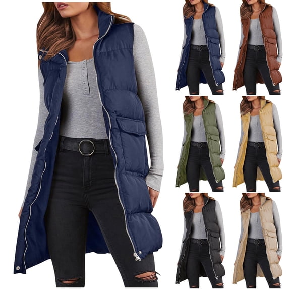 Antinious Womens Long Puffer Solid Casual Sleeveless Plus Size Puffy Puffer Jacket,Womens Winter Coats,Trench Coat Women,Army Green,L