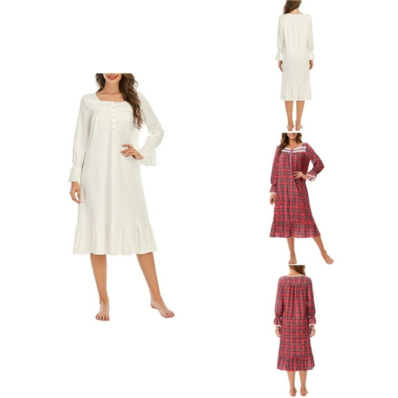 Antinious Womens Long Sleeve Button Neck Sleeve Sleep Dress,Nightgowns for Women,Women Pajama Dress,Red,M