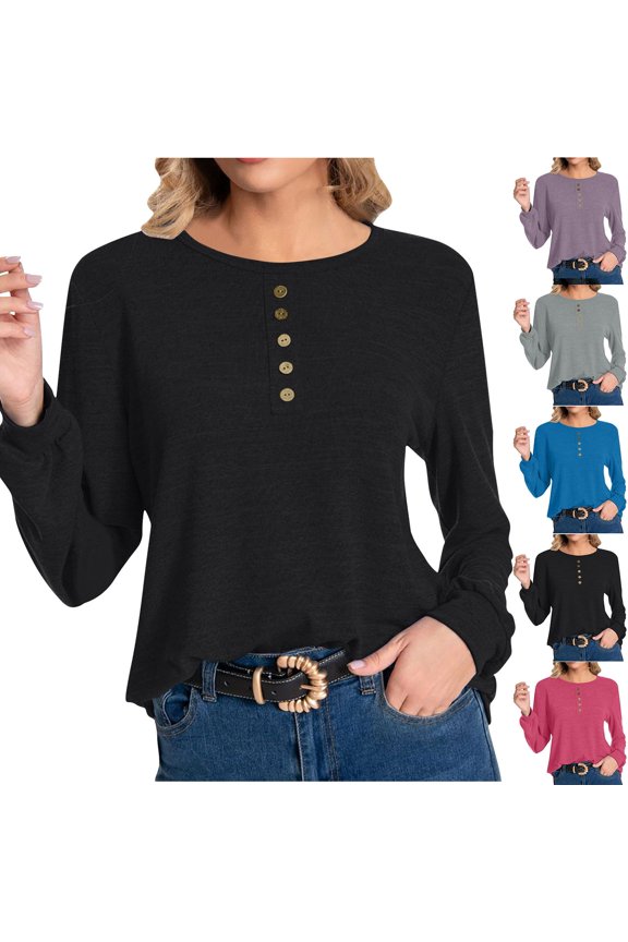 Womens Long Sleeve Pullover Solid Crew Neck Fixed Button Basic Tops,Sweatshirt for Women,Going Out Tops for Women,Red,S