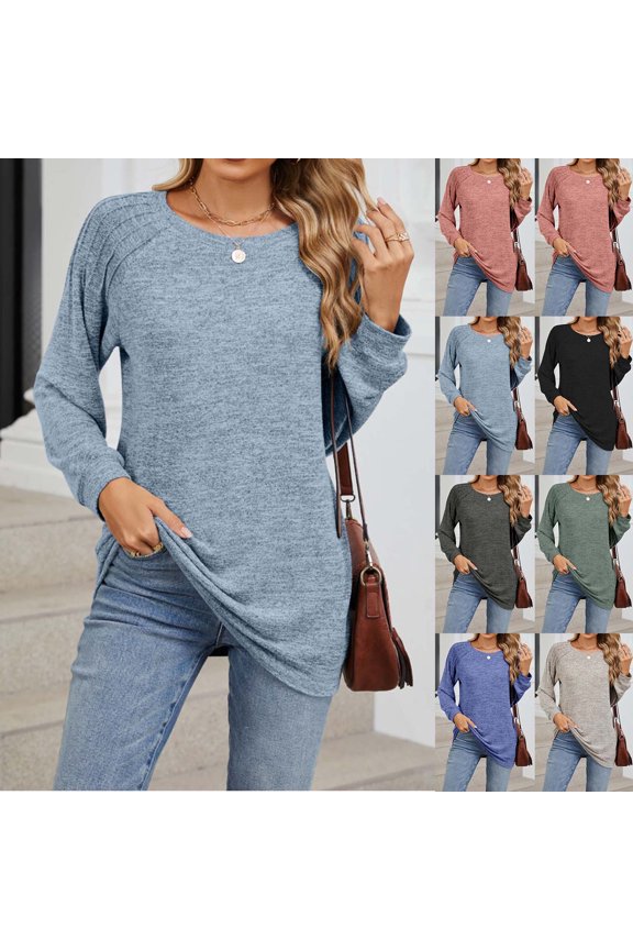 Womens Long Sleeve Shirts Pleated Crew Neck Solid Raglan Sleeve Ruffled Casual Tops,Sweatshirt for Women,Going Out Tops for Women,Beige,XXL