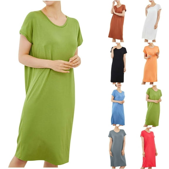 Antinious Womens Nightdress Plus Size Solid Crewneck Built-In Bra Loose Short Sleep Gown,Nightgowns for Women,Women Pajama Dress,Blue,XL