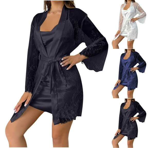 Antinious Womens Nightdress Solid Embroidery Tank Top Satin-Like Open Back Long Nightdress Set,Pajamas for Women Set,Ladies Sleepwear Outfits,Blue,XL