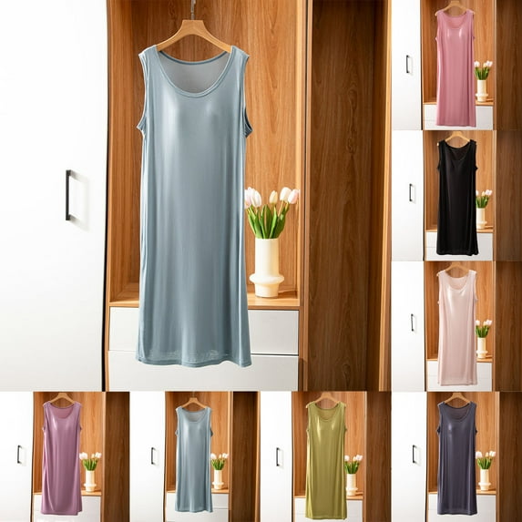 Antinious Womens Nightdress Solid Color Sleeveless Crew Neck Long Sleepdress With Removable Pads,Summer Savings Holiday!Nightgowns for Women,Women Pajama Dress,Black,Free Size