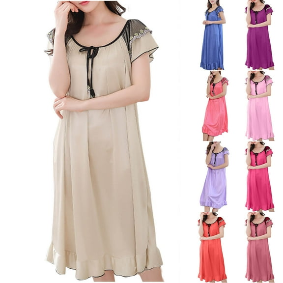 Antinious Womens Nightdress V Neck Solid Short Sleeve Ice Silk Long Sleepdress Ruffled ,Holiday!Nightgowns for Women,Women Pajama Dress,Pink,XXL