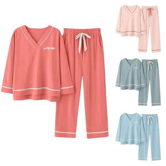 Antinious Womens Nightgowns Plus Size Solid V Neck Pullover Long Sleeve Warm Home Wear Sleepwear Set,Pajamas for Women Set,Ladies Sleepwear Outfits,Pink,L