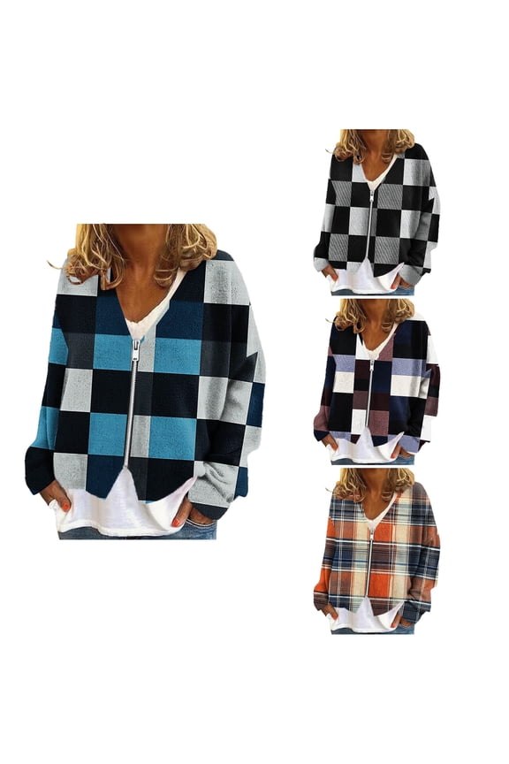 Womens Plaid Shacket Jacket Long Sleeve Zipper Printed Fleece Knit Jacket V Neck Casual Sweater Coat,Womens Winter Trench Coat,Jackets for Women Trendy,Blue,S