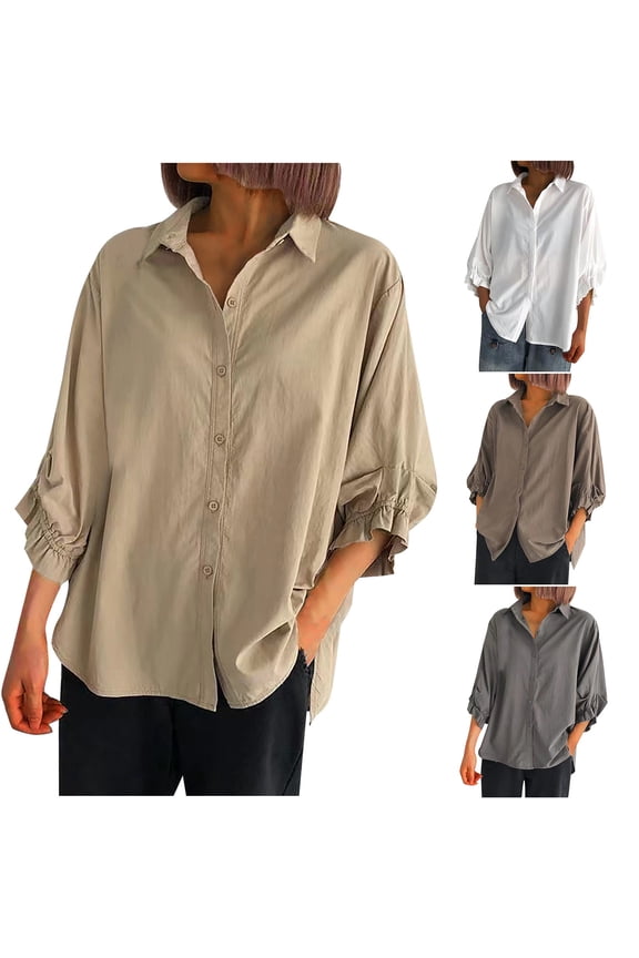 Womens Plus Size Button Down Shirts V Neck 3/4 Sleeve Business Casual Tops,Winter Sweatshirt for Women,Going Out Tops for Women,Gray,XXXXL