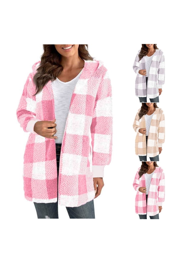 Womens Plus Size Checkered Print Long Sleeve Hooded Fleece Loose Open Front Sweaters for Women,Womens Sweaters,Warm Winter Coats,Gray,M