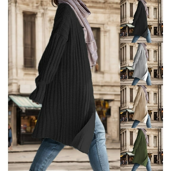 Antinious Womens Plus Size Lantern Sleeve Cardigan Open Front Knitted Sweater Coat Casual Lapel Overcoat with Pocket,Fall Winter Warm Trench Coat,Jackets for Women Trendy,Black,XL