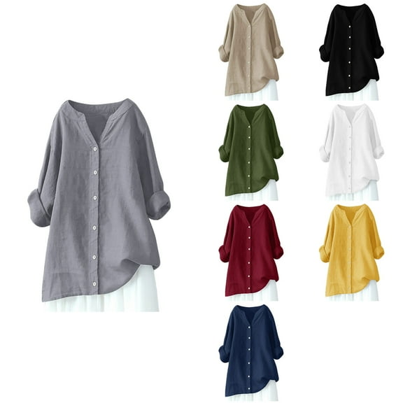 Antinious Womens Plus Size Long Sleeve Dress Shirts V Neck Solid Casual Linen Button Down Shirts,Fall Winter Going Out Tops for Women,Sweatshirt for Women,Khaki,XL