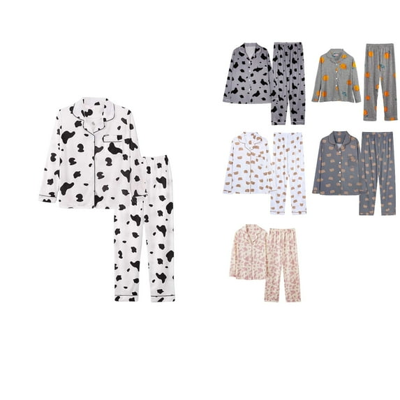 Antinious Womens Print Casual Sleepwear With Pockets Button Down Collar Long Sleeve Long Pants Set,Pajamas for Women Set,Ladies Sleepwear Outfits,White,XXL