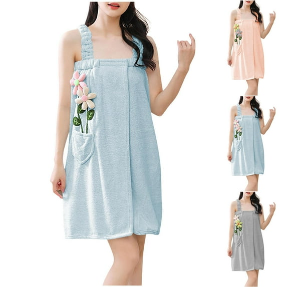 Antinious Womens Robes Fleece Floral Print Absorbent Sleeveless Casual Spaghetti Strap Bathrobe Sleepwear,Holiday!Robes for Women,Women Pajamas Bathrobes,Blue,Free Size