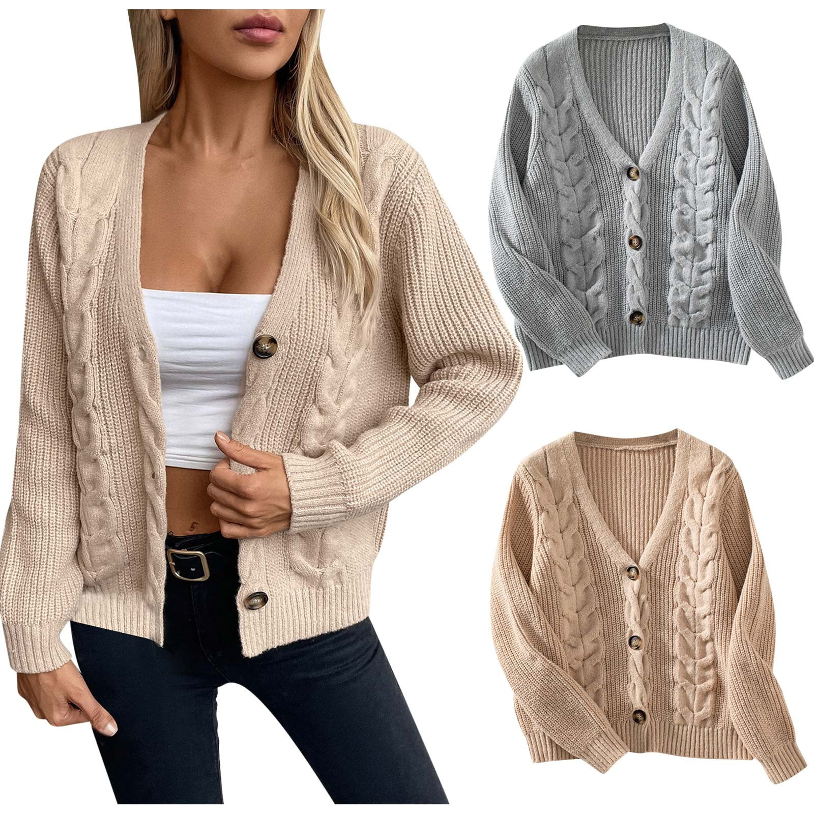 Womens Solid Cable Knit Sweater Jacket Breasted Coat with Button Closure,Warm Trench Coat,Casual Winter Coats for Women,Gray,L