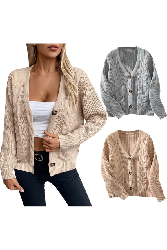 Womens Solid Cable Knit Sweater Jacket Breasted Coat with Button Closure,Warm Trench Coat,Casual Winter Coats for Women,Khaki,M